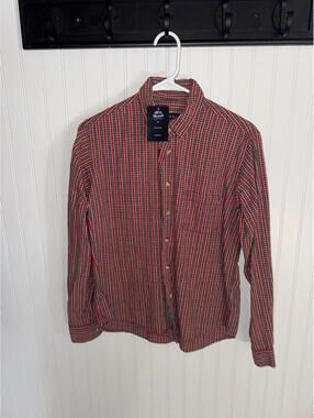 BKLE Men's Red Plaid Button-Up Shirt Large